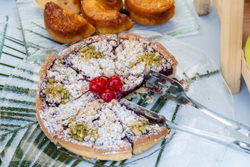 Candy bar food buffet by the pool, during hotel brunch, catering in the garden, food bloggers event
