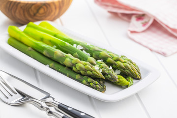 Cooked green asparagus. Healthy seasonal vegetable.