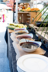 Candy bar food buffet by the pool, during hotel brunch, catering ,Chef live pancakes cooking station
