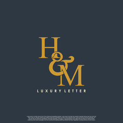 Initial letter H & M HM luxury art vector mark logo, gold color on black background.