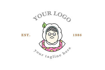 Grandmother cook logo for cafe or home cooking restaurant. Pastry and bakery logotype. Colorful portrait