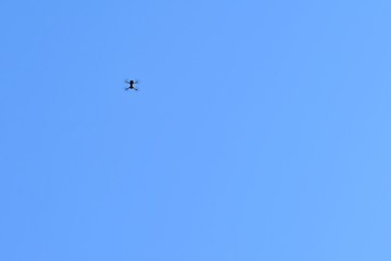 Flying drone with selective focus on blue sky background. Drone control.  Aerial surveillance. quadrocopter outdoors.