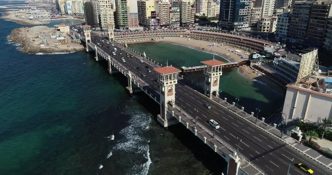 Aerial Drone shot over Egypt Alexandria city Stanly Bridge