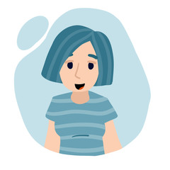 Young girl. Happy smiling girl in blue striped clothes. Modern character. Cartoon flat illustration isolated on white background