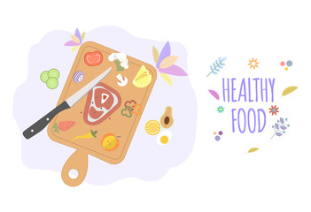 Top view of kitchen utensils, cutting board with knife and wholesome food. Cooking meat and vegetables in the kitchen. Healthy food or diet food. Colorful vector illustration