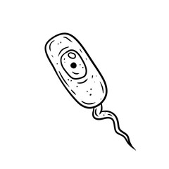 Virus and bacteria. Causative agent. Micro-organism under microscope with flagella. Dangerous microbe. Scientific Character with eye. Cartoon illustration