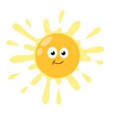 Flat sun. Element of summer and nature. Yellow warm object. Cartoon illustration. Children's drawing. Heat and hot with funny cute face.