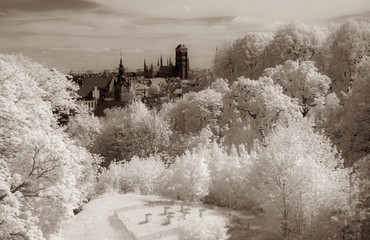 Old Town of Gdansk. View from fortress of Gora Gradowa. Green vegetation in infrared.