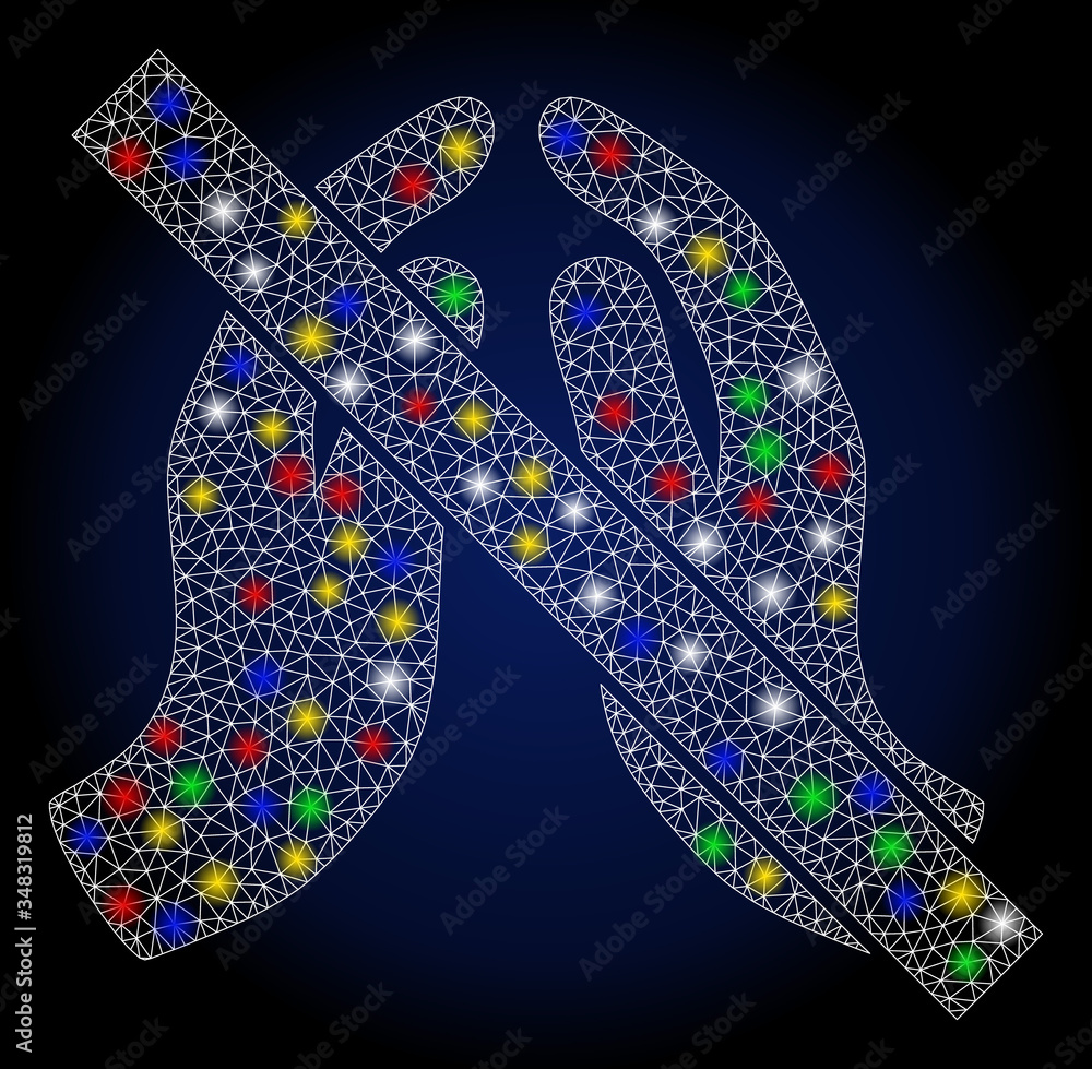 Poster glossy mesh no praying hands with glitter effect. abstract illuminated vector model of no praying ha