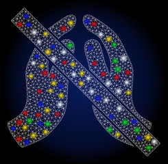 Glossy mesh no praying hands with glitter effect. Abstract illuminated vector model of no praying hands icon on a dark blue gradiented background. White wire carcass triangular mesh no praying hands.