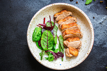 duck breast fillet salad, Menu concept food background keto or paleo diet. top view. copy space for text 