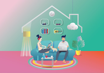 Young couple using laptop and tablet Sitting on the Sofa obsessed with devices gadgets, men and women freelancers Remote work, working at home, quarantine concepts. Stay home, flat Vector Illustration