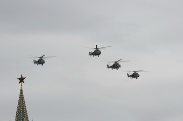 Mi-35 m attack helicopter gunships during the parade dedicated to the 75th anniversary of victory...