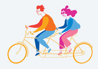 A guy and a girl ride a tandem bike together. Color image.