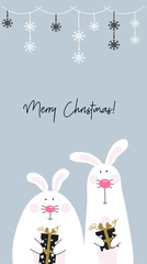 Christmas card with cute rabbits. Hand drawn characters. Vector illustration.