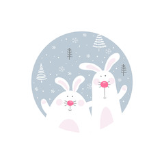Christmas card with cute rabbits. Hand drawn characters. Vector illustration.