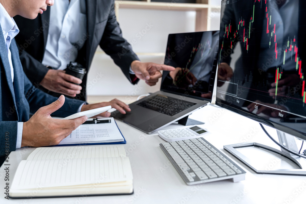 Poster business team investment working with computer, planning and analyzing graph stock market trading wi