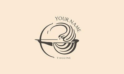 Feamle greek archer logotype. The woman shoots a bow. Vector illustration. Antient wrapped shape logo.