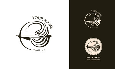 Female greek archer logotype for beauty salon or health care. The woman shoots a bow. Vector illustration. Antient wrapped shape logo mark.