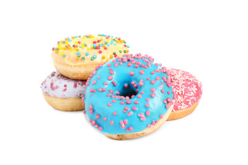Sweet delicious glazed donuts on white background