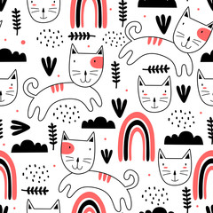 Seamless pattern with cute colorful Kittens scandinavian drawing. Creative childish hand drawn unique style. Good for baby and kids fashion textile print. Vector illustration element fabric ready.