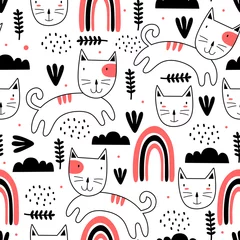 Tapeten Nahtloses Muster mit skandinavischer Zeichnung der süßen bunten Kätzchen. Kreative kindische Hand gezeichneter einzigartiger Stil. Gut für Baby- und Kindermode-Textildruck. Vektorillustrationselementgewebe bereit. © ngupakarti