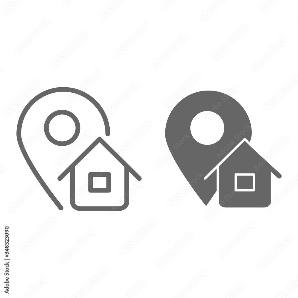 Poster address line and solid icon, logistics symbol, map pointer with house vector sign on white backgroun
