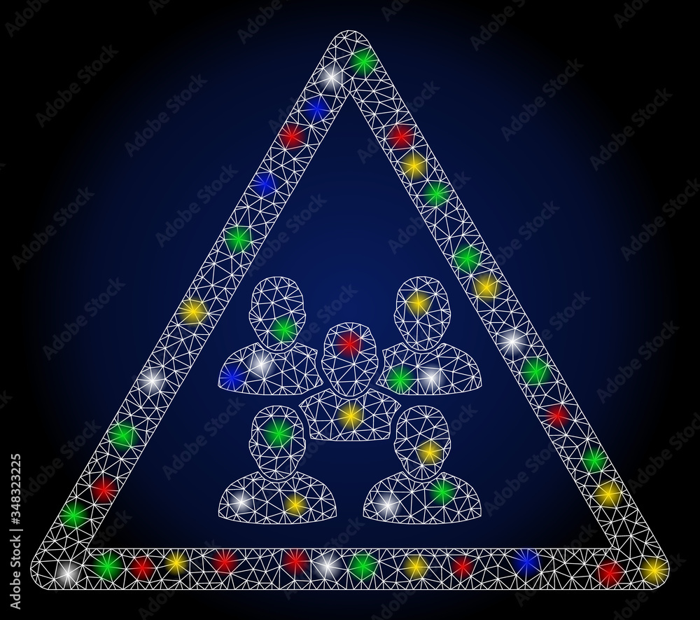 Poster colorful mesh people group warning with glare effect. abstract illuminated vector model of people gr