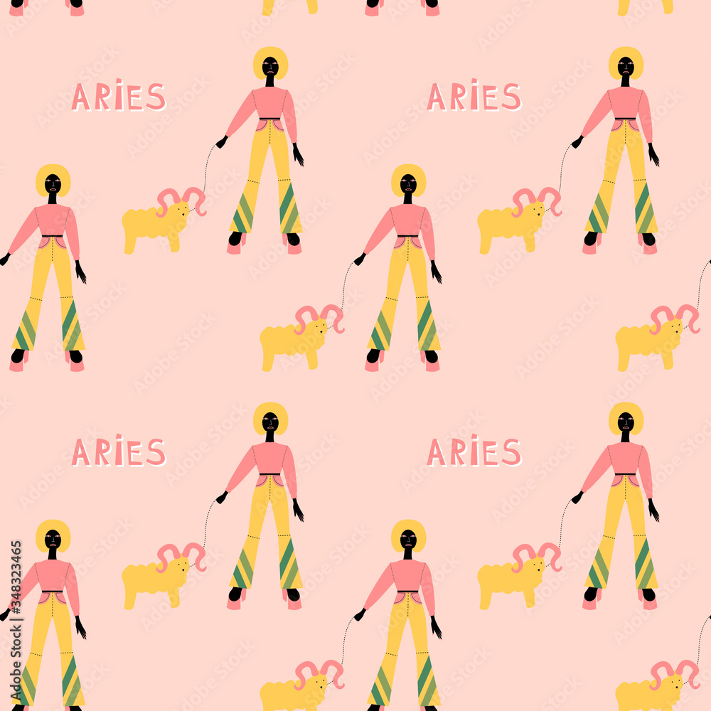 Wall mural seamless pattern with aries - astrological zodiac sign. abstract print with the ram.