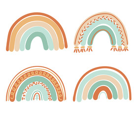 Collection of boho rainbows in pastel mint and brown colors, isolated elements on white background; nursery art design, for printing on baby clothes and textiles, home decor art, vector illustration