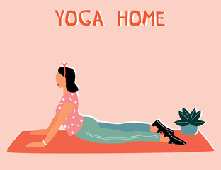 Woman doing yoga at home. Illustration with Facing Dog, Urdhva Mukha Shvanasana.