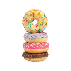 Sweet tasty glazed donuts on white background