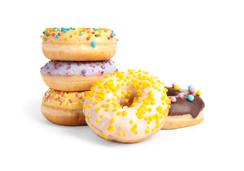 Sweet tasty glazed donuts on white background