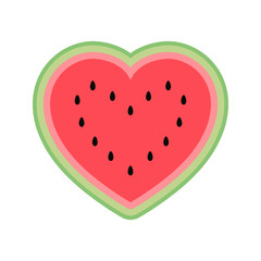 Fototapeta na wymiar Cute watermelon heart isolated on white background. Flat cartoon style in bright summer 2020 colors