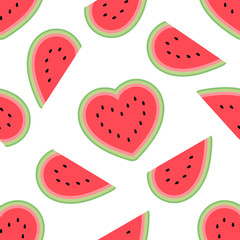 Cute watermelon hearts seamless pattern on a white background. Flat cartoon style.
