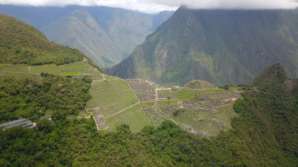 Machu Picchu in Peru, Drone view, Inca Archeology, Inca empire, Panorama of Machu Pichu with Huayna Picchu