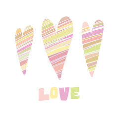 Isolated Heart pictures in soft hues with mosaic multicolored elements with word love