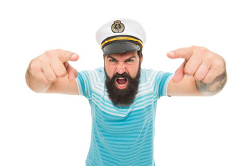 Hey you. Sailor spirit. Bearded sailor pointing camera isolated on white. Sailor or seaman with long beard and mustache. Work as sailor. Professional mariner. Navy and marine. Sea adventures concept