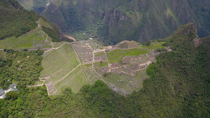 Machu Picchu in Peru, Drone view, Inca Archeology, Inca empire, Panorama of Machu Pichu with Huayna Picchu