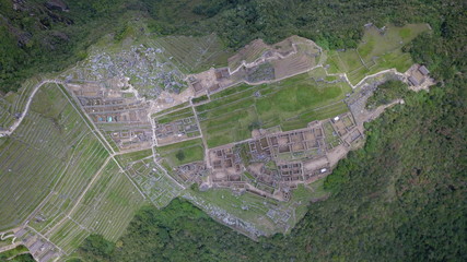 Machu Picchu in Peru, Drone view, Inca Archeology, Inca empire, Panorama of Machu Pichu with Huayna Picchu