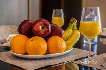 Healthy breakfast served with fruits and juice