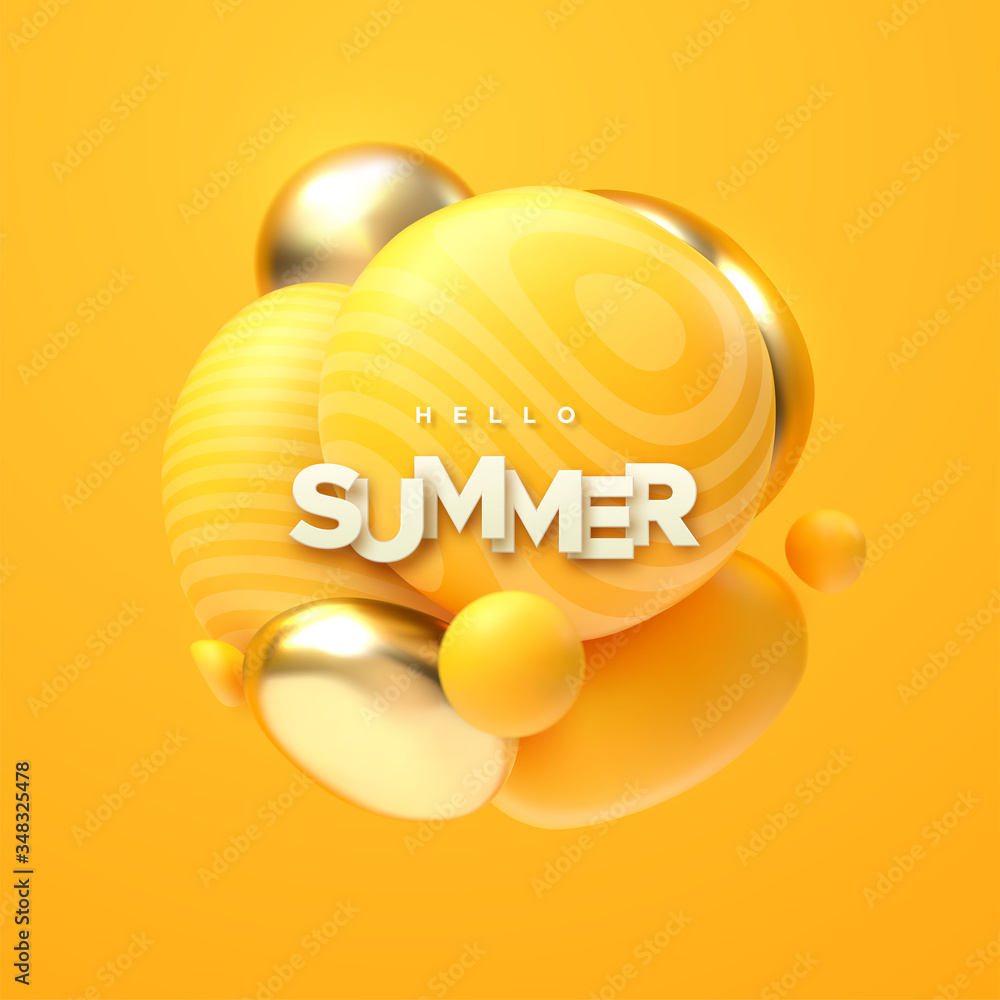 Poster hello summer. abstract background. dynamic 3d spheres. flowing yellow and golden bubbles with paper 