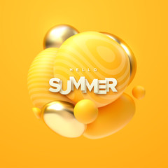 Hello Summer. Abstract background. Dynamic 3d spheres. Flowing yellow and golden bubbles with paper sign. Particles cluster. Vector illustration of glossy soft balls. Modern banner or poster design