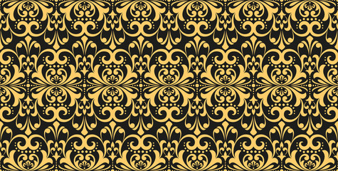 Wallpaper in the style of Baroque. Seamless vector background. Gold and black floral ornament. Graphic pattern for fabric, wallpaper, packaging. Ornate Damask flower ornament