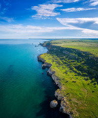 Fototapeta na wymiar Aerial view with picturesque rocky coastline, nature park Yailata at the Black Sea coast, Bulgaria.
