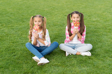 Melt in your mouth dessert. Happy children eat candy dessert on sticks. Little girls sit on green grass. Enjoying sweet dessert. Candy shop. Sugar confectionery. Summer holidays. Dessert time.