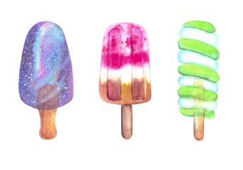 Set of fruit popsicle isolated on white background. Collection of ice lolly on a stick in rich colors, painted with watercolors. Ideal for design of paper, textiles, logo, ice cream shop.