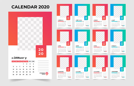 Wall Calendar template for 2020 vector in a minimalist style. Flat style color vector illustration. Yearly calendar template. Set of 12 Months.
