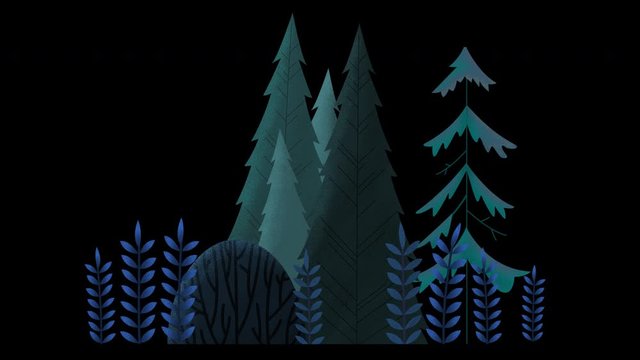 Seamless loop. Group of evergreen trees, grass and bushes swinging in wind. Blue ans green misty night. Animated vector illustration with brushes isolated on black background with alpha luma matte.
