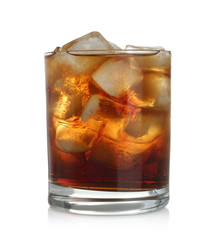 Tasty cola with ice cubes isolated on white